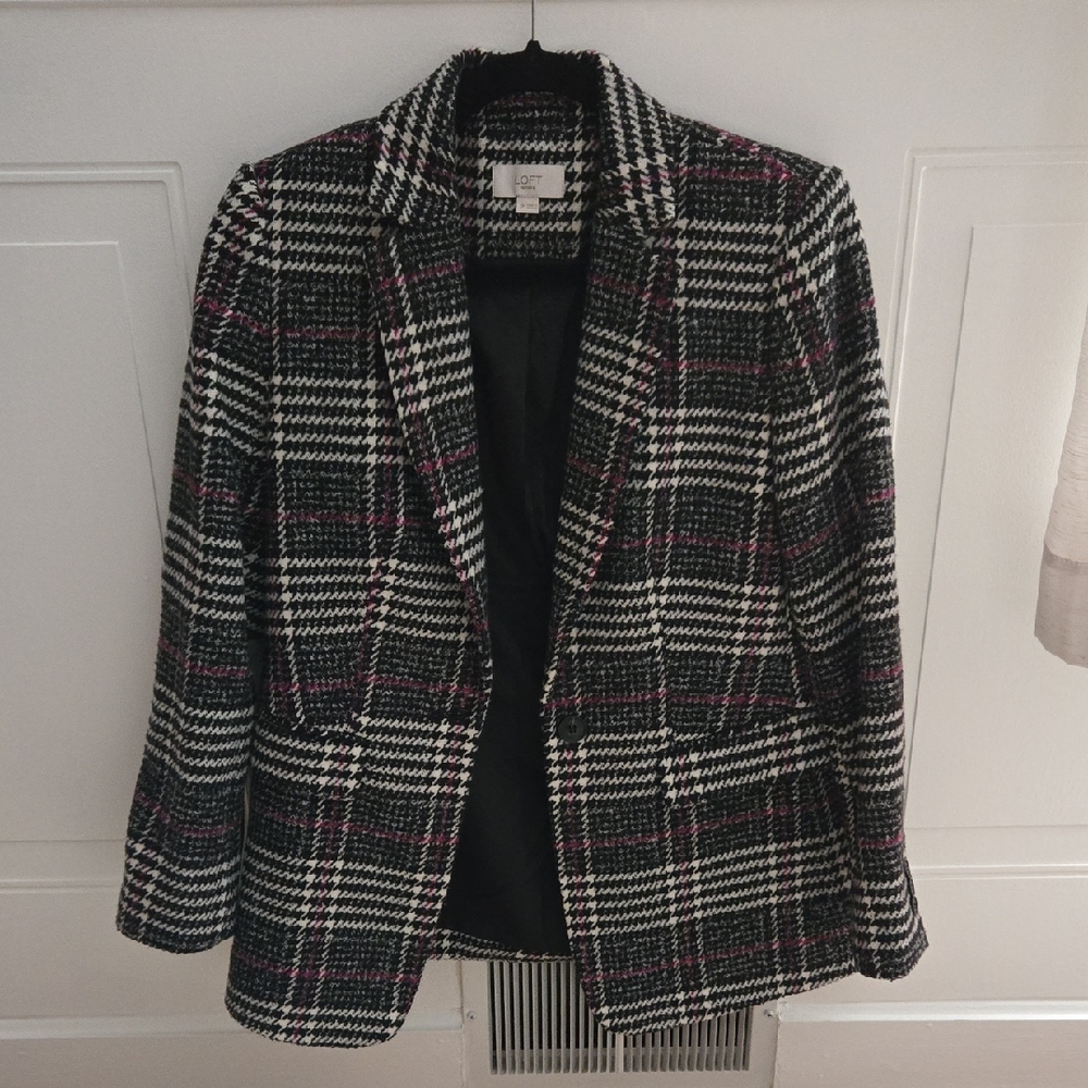 LOFT Black and White Tweed Plaid Blazer with Magenta Accents
